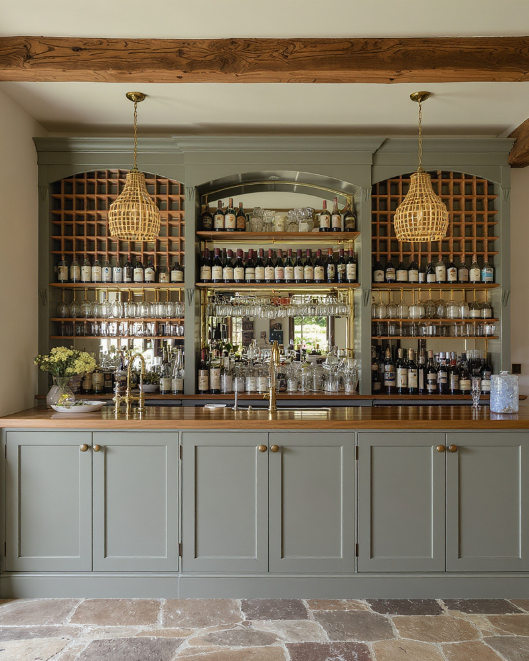 A home bar with a mint green cabinet, wooden countertop, gold fixtures, mirrored back wall, and glassware with wine bottles on shelves.