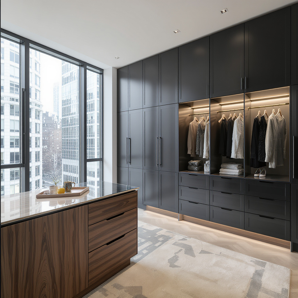 Modern walk-in closet with black cabinetry, open clothing compartments, hanging clothes, folded towels, and a clear view of city buildings through large windows.