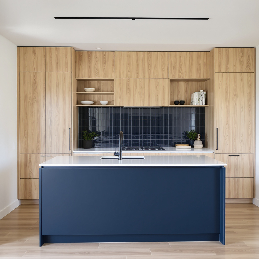Modern kitchen with light wood cabinets, a black backsplash, and a blue kitchen island with a white countertop.