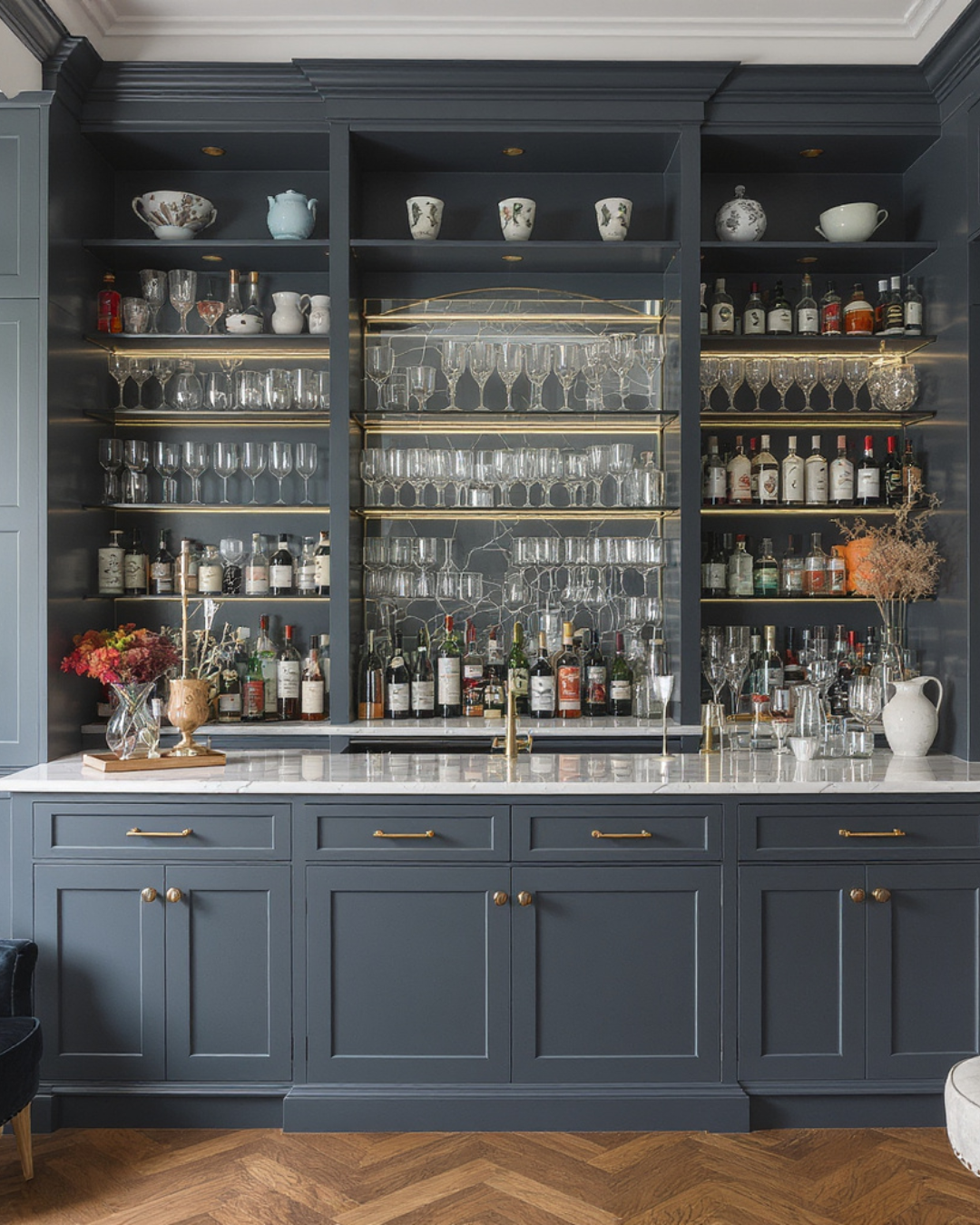A bar cabinet with navy blue cabinets and drawers, filled with various glassware, bottles of alcohol, and decorative items, topped with vases and floral arrangements.