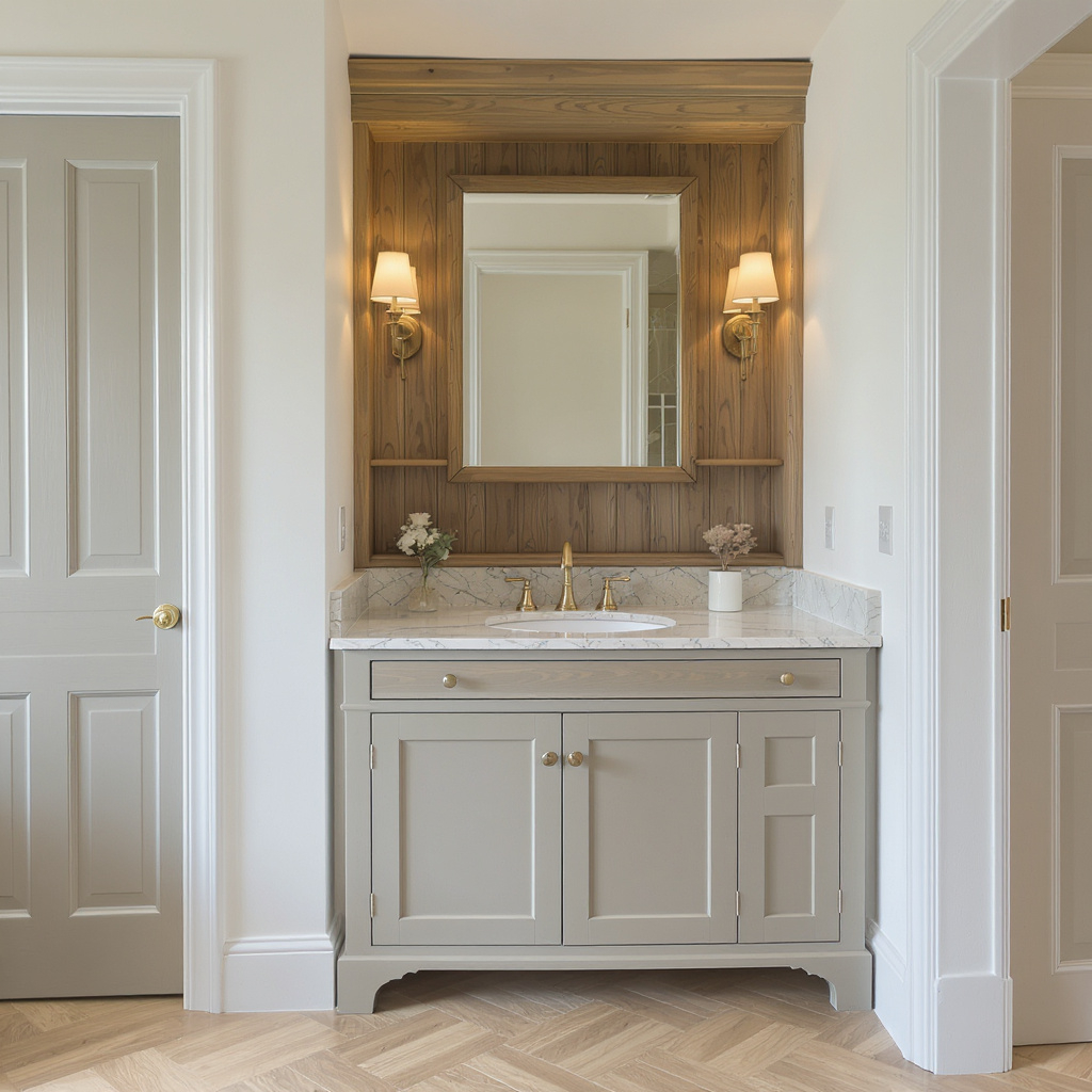 Bathroom vanity with a marble countertop, two brass faucets, a mirror, and two wall sconces with beige shades.