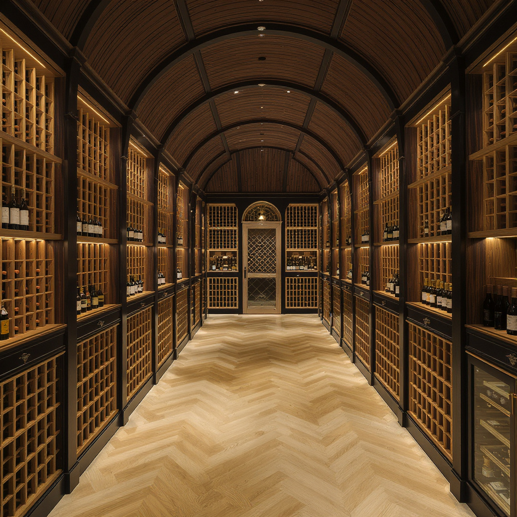 A luxurious wine cellar with dark wood wine racks lining both sides of the arched ceiling hallway, filled with bottles of wine. The floor has a light-colored wood herringbone pattern, and there is a door at the end with a decorative glass window.