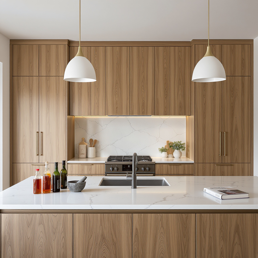 Modern kitchen with wooden cabinets, white marble countertop, and a stovetop, with bottles of condiments and a mortar and pestle on the counter, two hanging pendant lights, and decorative vases with plants.