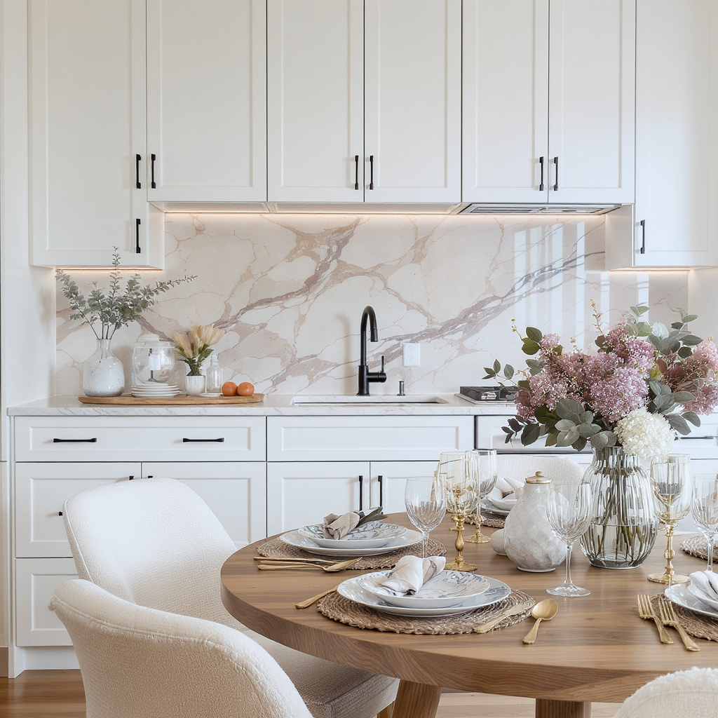 A modern kitchen with white cabinets, a marble backsplash, a black faucet, and a round wooden dining table set for a meal with floral centerpieces and tableware.