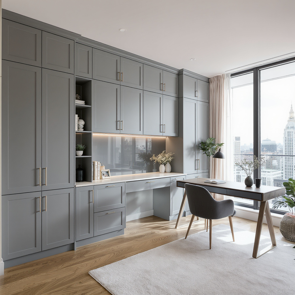Modern home office with grey built-in cabinets, a desk, a black chair, large window with city view, and indoor plants.
