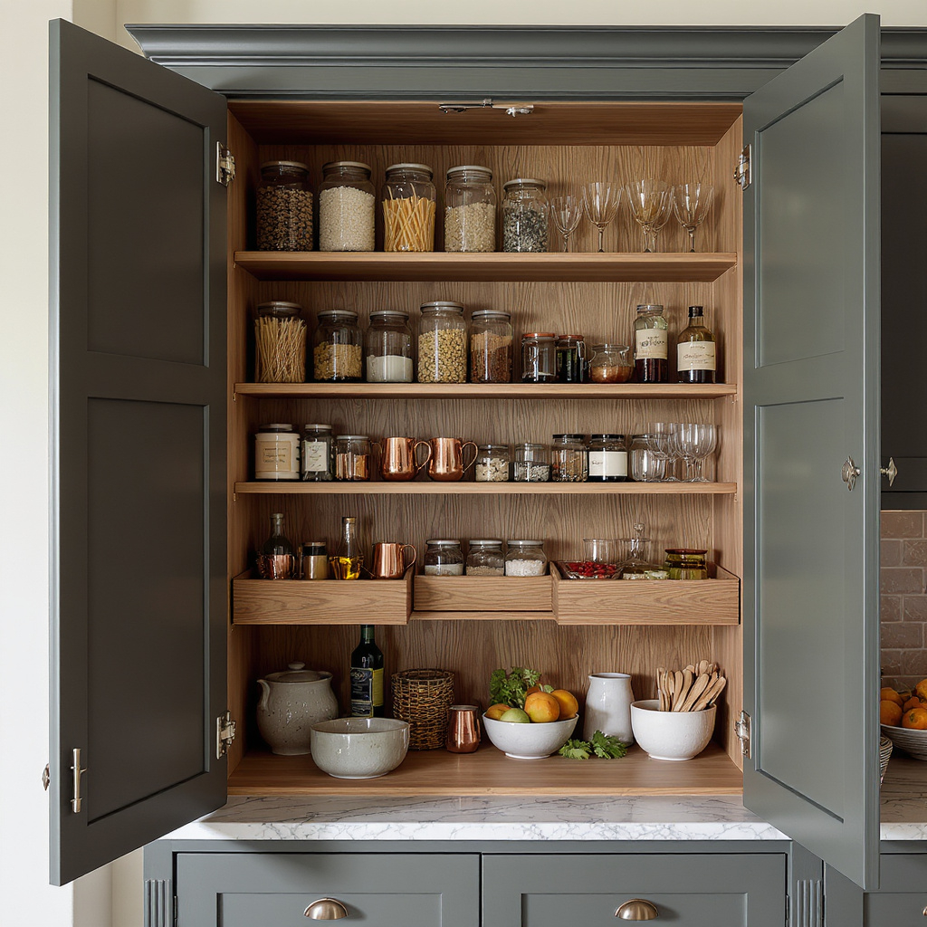 Open kitchen cabinet with glass jars, bottles, copper mugs, bowls, and utensils, with a marble countertop below.