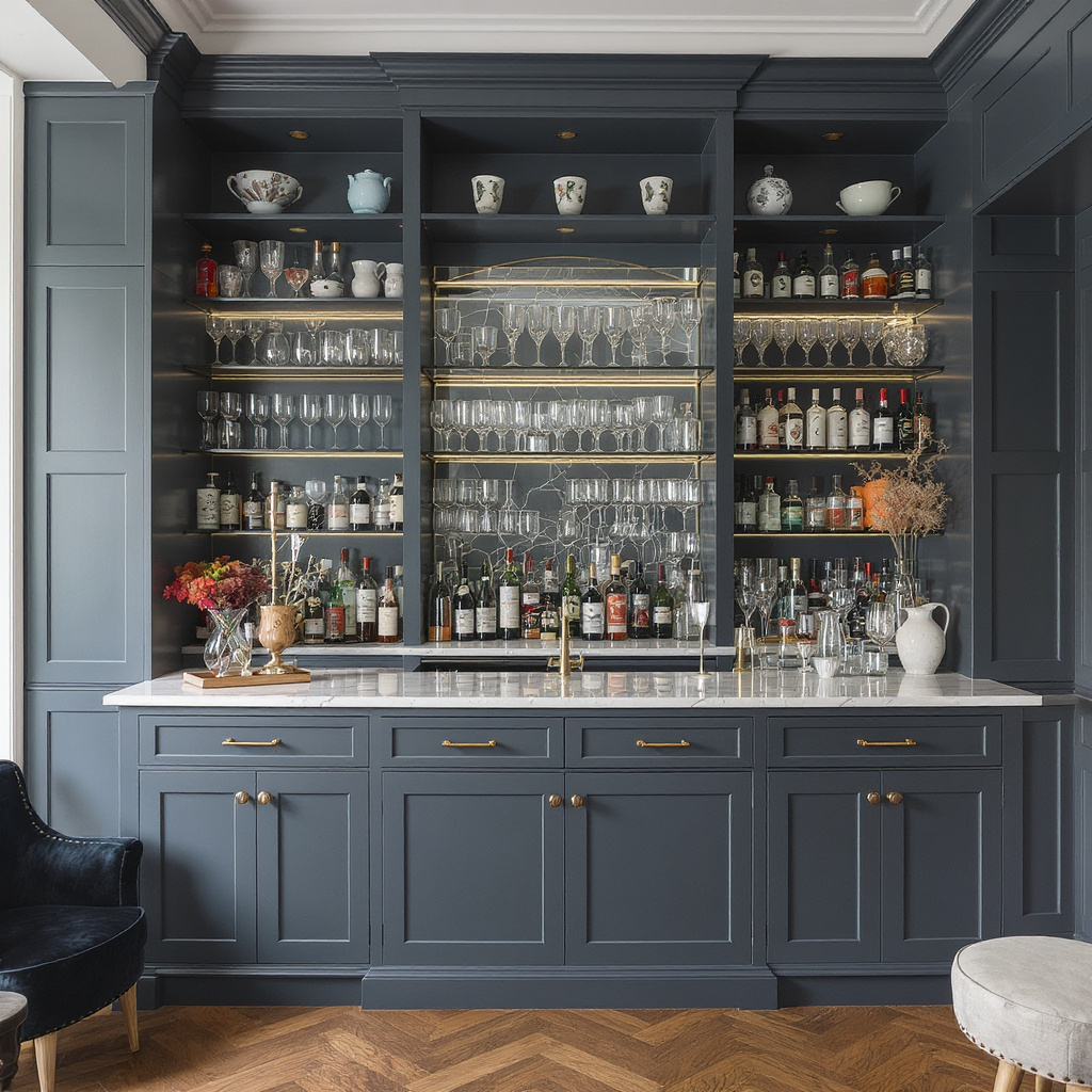 A stylish blue built-in bar cabinet with gold accents, stocked with glassware, liquor bottles, and decorative items, adorned with flowers and a marble countertop.