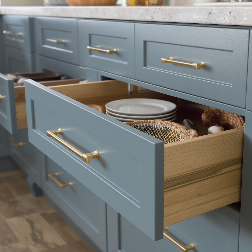 Open kitchen drawer with stacked plates and woven baskets inside, blue cabinetry with gold handles, marble countertop.