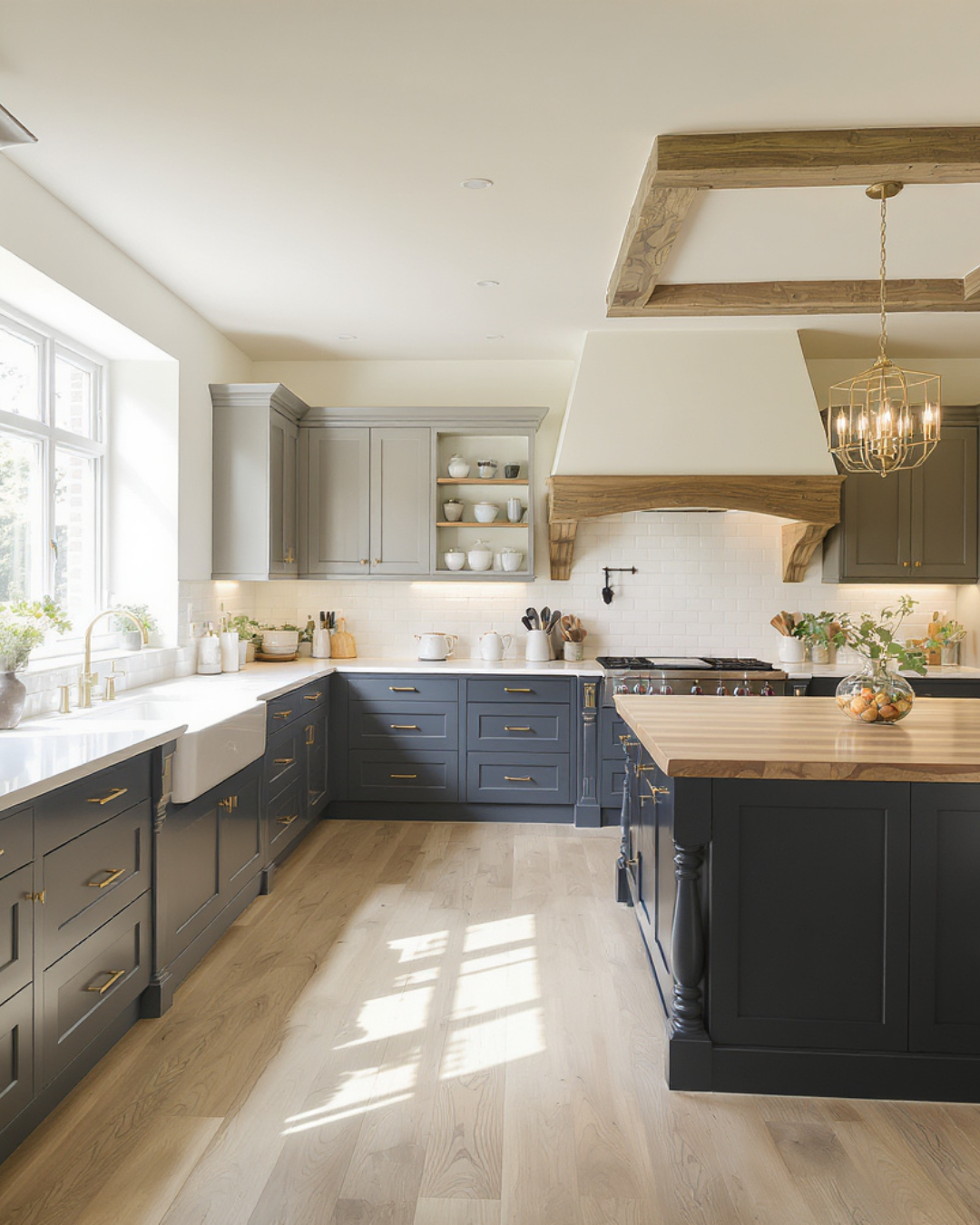 Modern kitchen with navy blue cabinets, white farmhouse sink, open shelving with dishes, wooden island, white brick backsplash, large window, hardwood floors, and a brass chandelier.