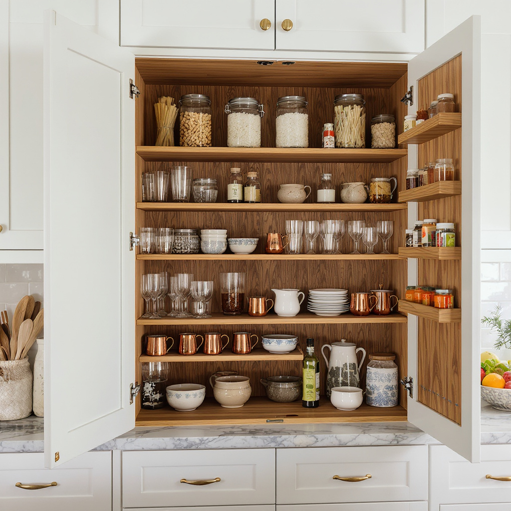 Open kitchen cabinet with neatly organized glassware, jars, mugs, plates, and pantry items.