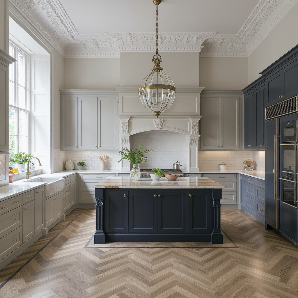 A spacious kitchen with a central black island, white cabinetry, a large window, and a decorative chandelier hang from the ceiling.