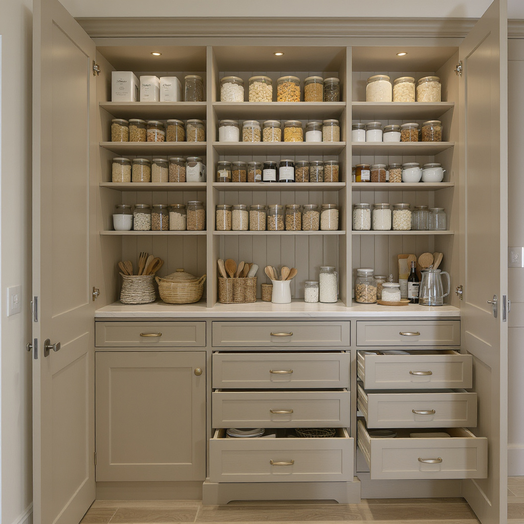 A well-organized pantry with multiple shelves filled with glass jars containing various grains and dry foods. The lower section has drawers and cabinets with some items tucked inside.