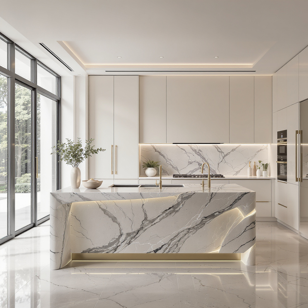 Modern kitchen with white marble countertops and backsplash, gold handles on cabinets, large sliding glass doors, minimal decor, and built-in appliances.