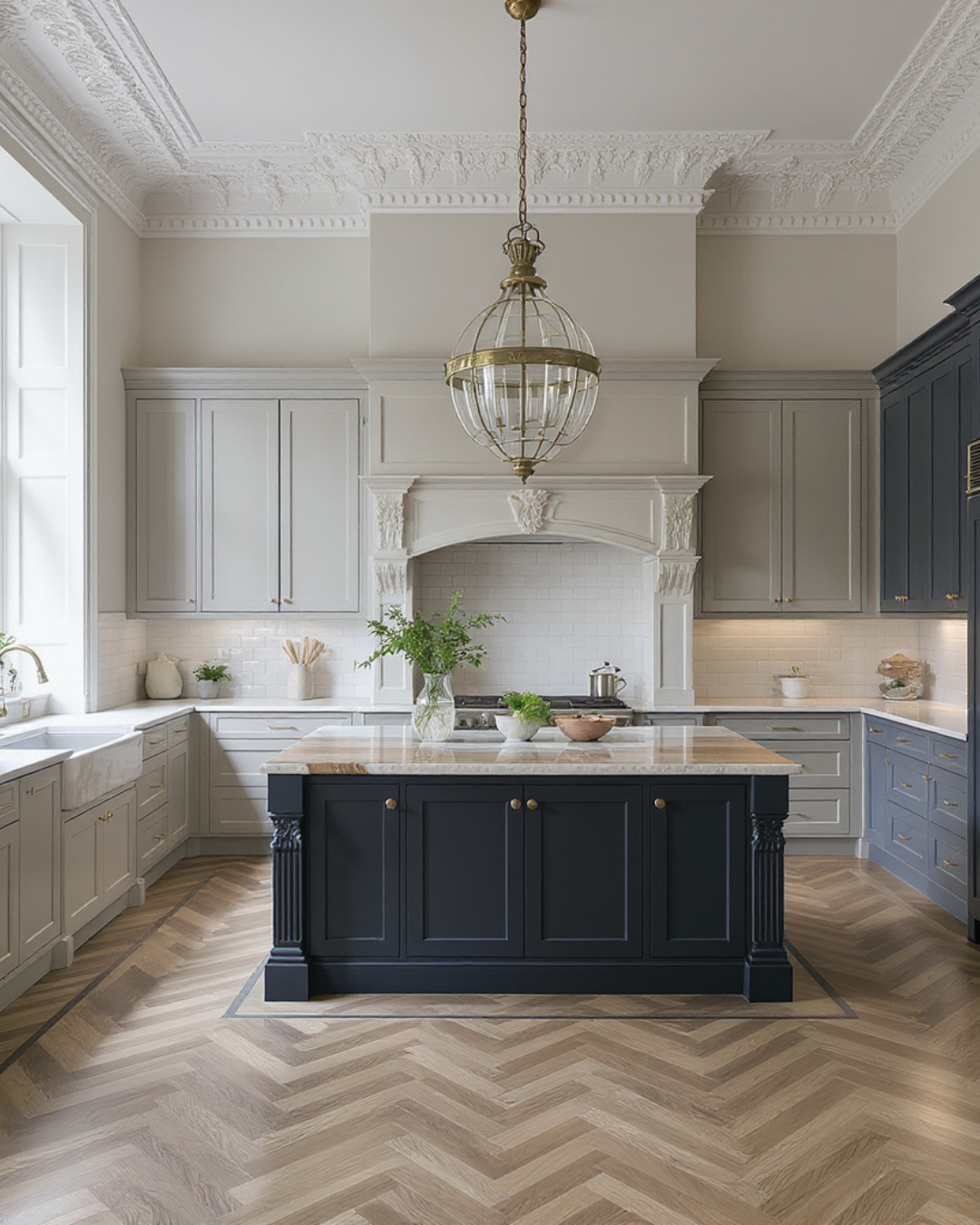 Elegant kitchen with white and blue cabinetry, marble countertops, a central navy blue island, a chandelier, and large windows letting in natural light