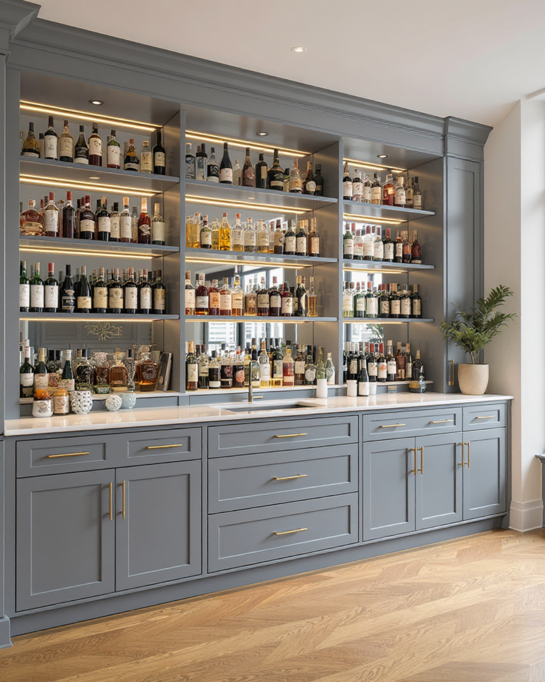 A bar cabinet with gray wooden cabinetry, stocked with various bottles of liquor on glass shelves, illuminated by built-in lighting, with a white countertop, a small sink, and a potted plant on the side.