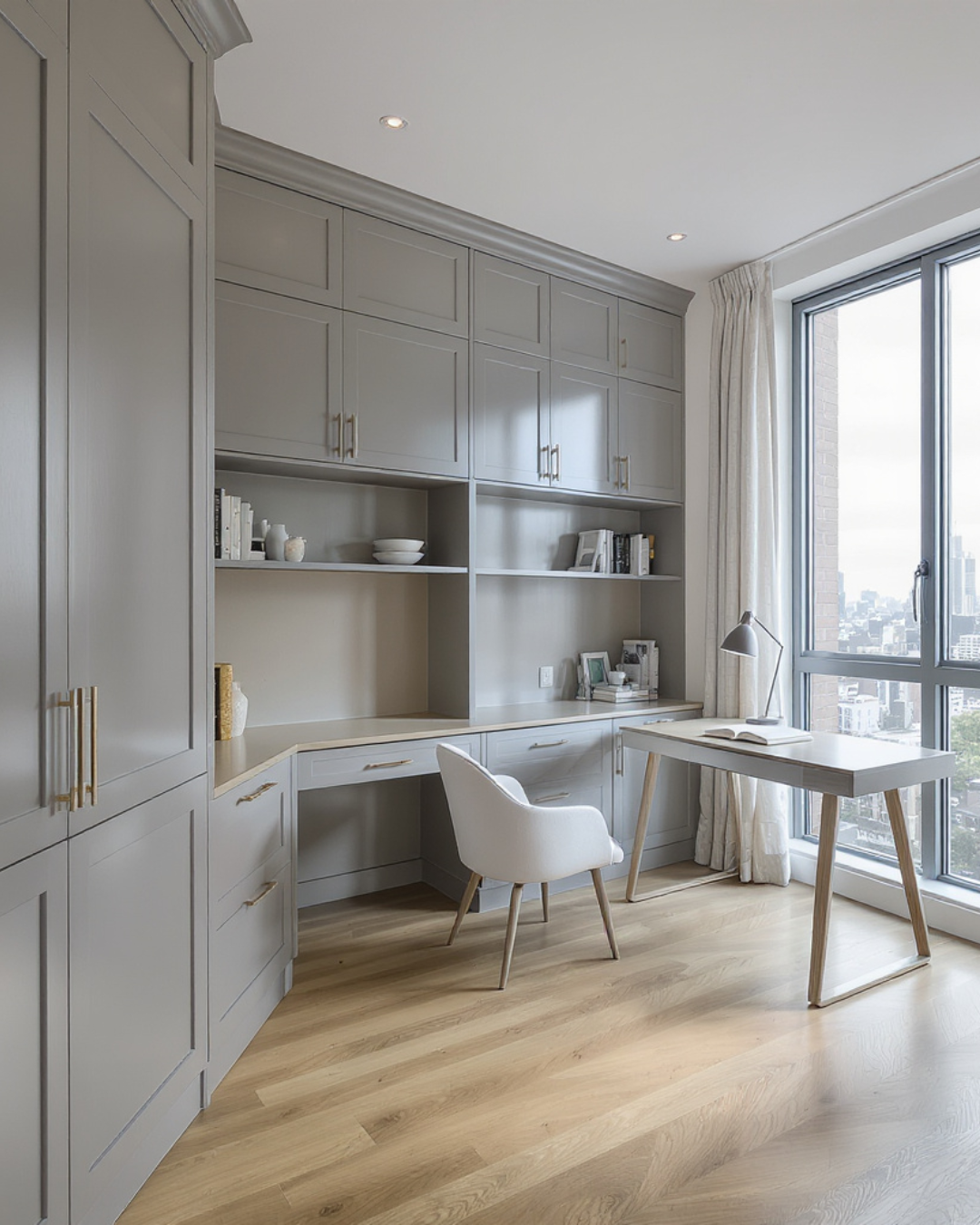 A corner office with built-in light gray cabinets, a white desk by the window, a white chair, and a view of a city skyline through large windows.