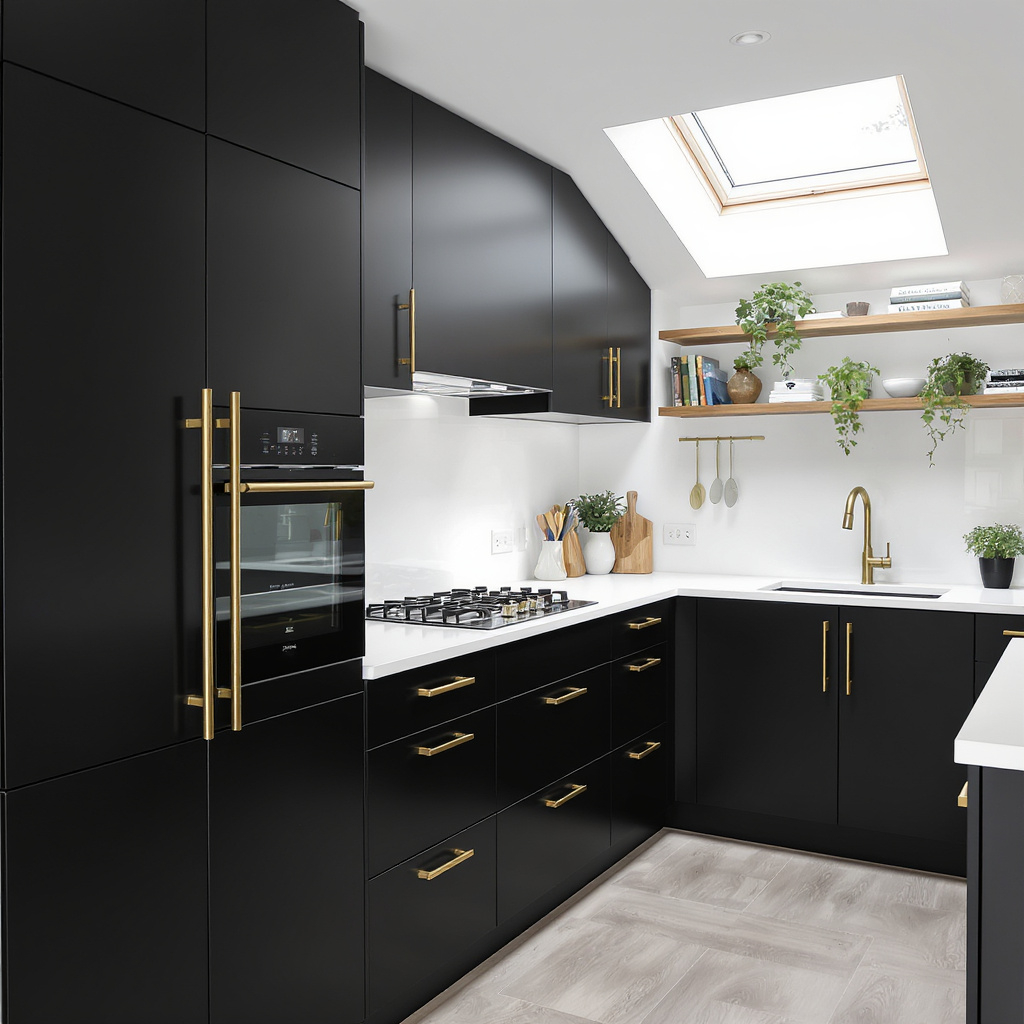 Modern kitchen with black cabinets, gold handles, a white countertop, a gas stove, a built-in oven, open wooden shelves with plants and books, a skylight, and a white backsplash.