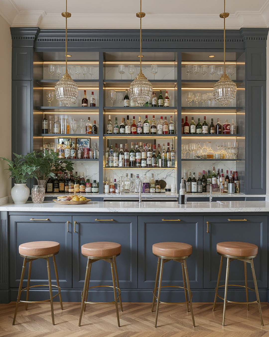 Modern bar with blue cabinetry, marble countertop, and glass shelves stocked with alcohol bottles and glassware. Four bar stools with tan seats are in front of the bar, with a plant and snacks on the counter.