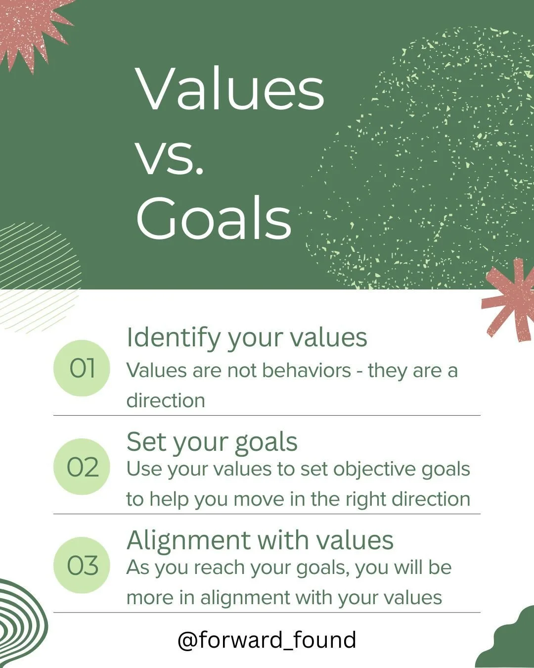 What is the difference between values and goals and how are they related? Values set the direction we want to move, and goals are the stepping stones to getting there. When we set goals aligned with our values, we are moving our lives to be more in a