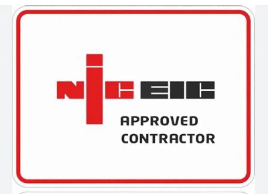 A certification sign stating 'NICE' with 'Approved Contractor' written below. The letter 'I' in NICE is stylized as a red brick.