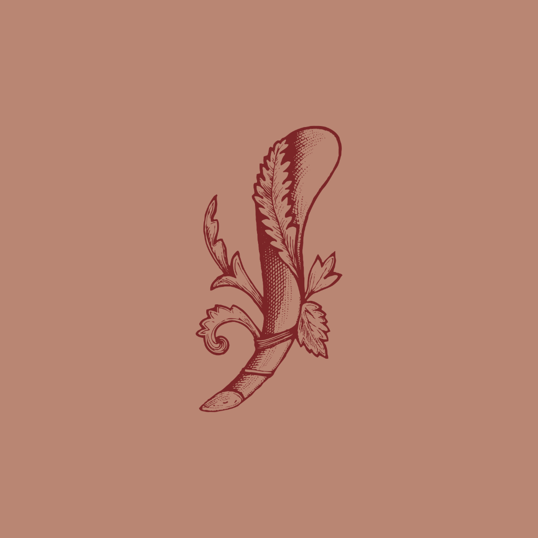 Illustration of a feather with floral details against a brown background.