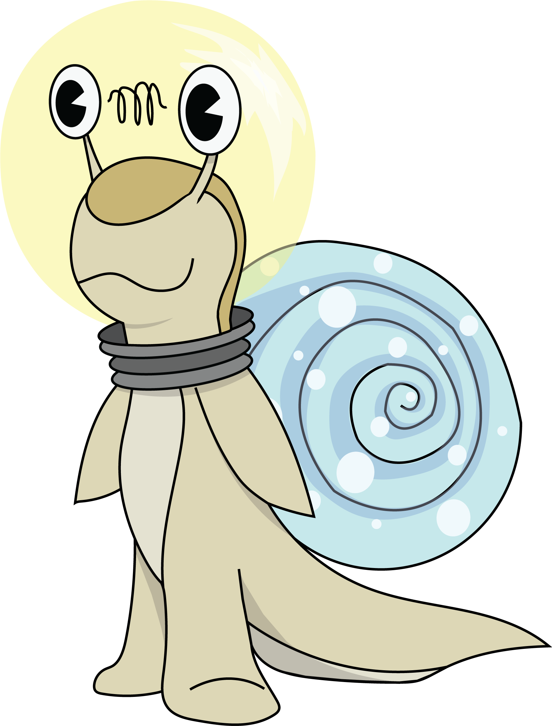 Cartoon snail with a yellow shell, large eyes, and a beige body, standing upright.