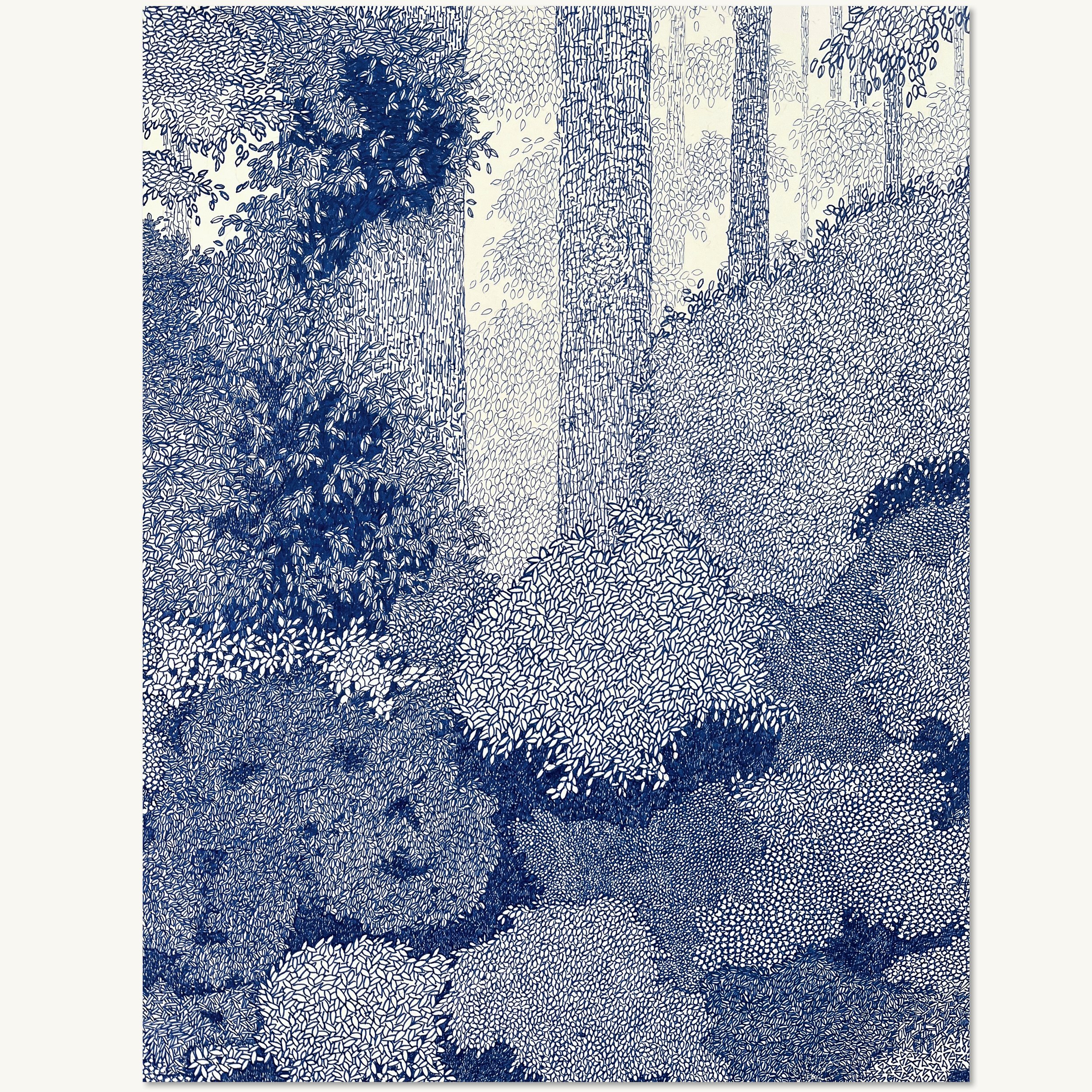 Nærbillede af stor tegningen: Skovbund og løvtag