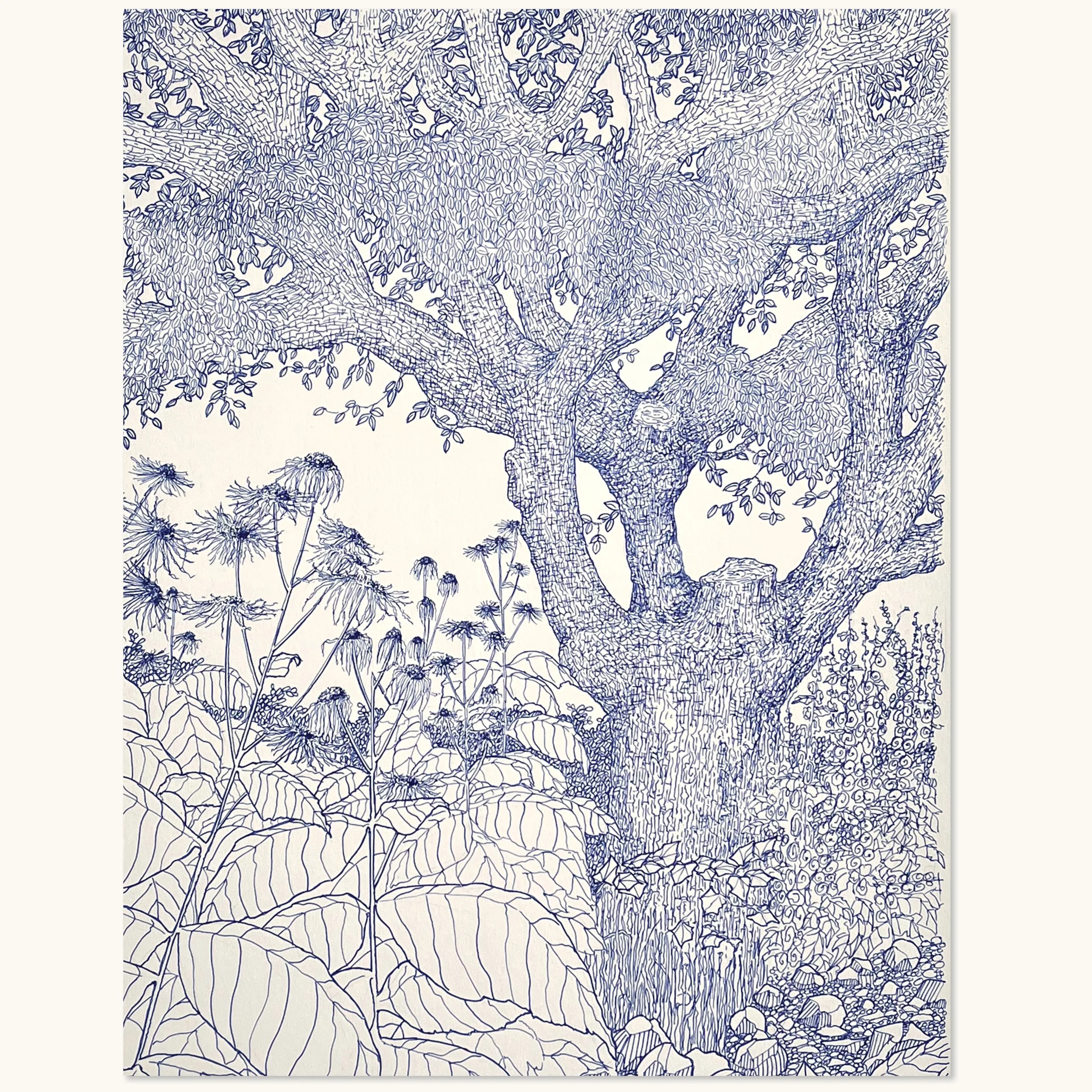 Nærbillede af stor blå tegning  af gammel have