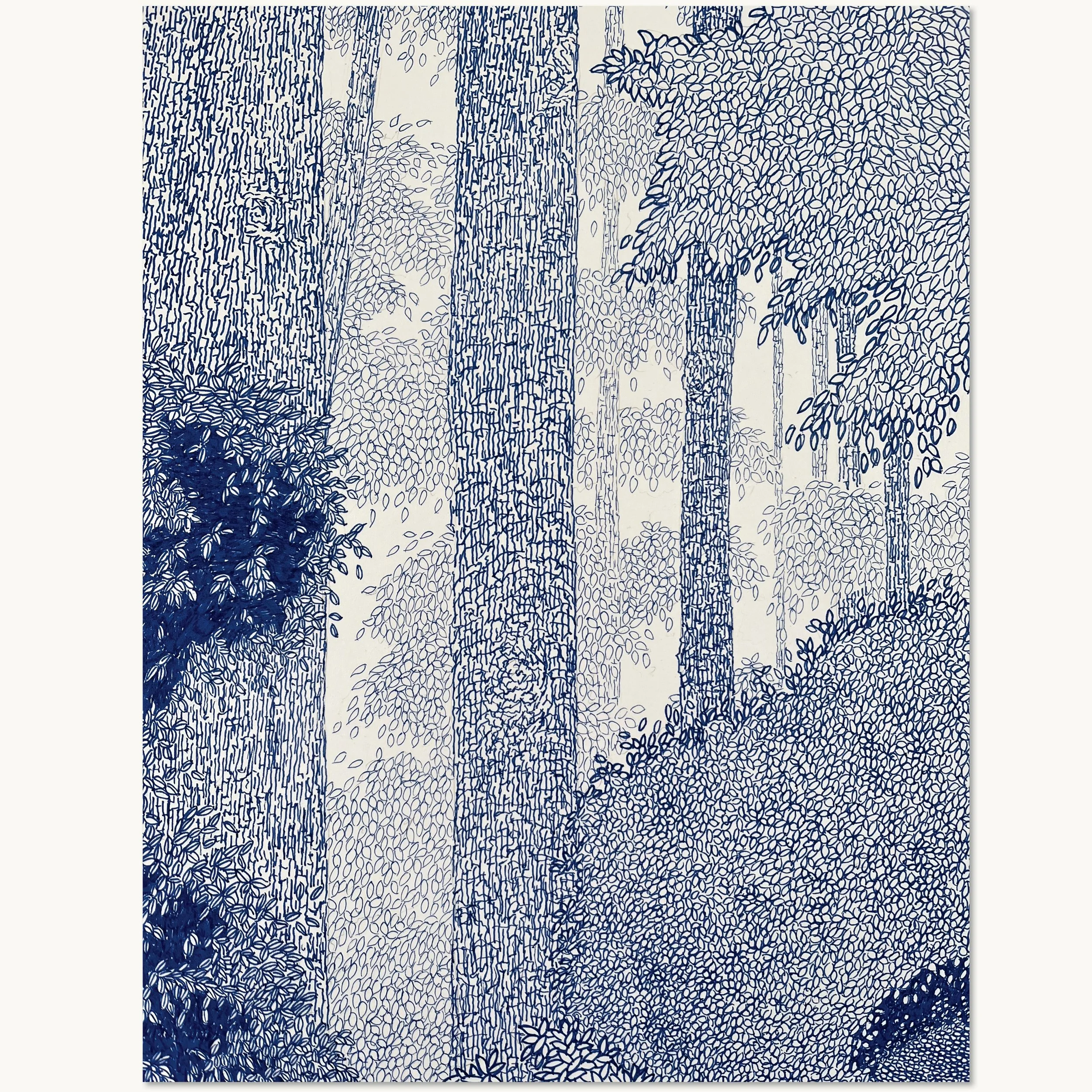 Nærbillede af skovens flimrende løvtag i tegningen: Skovbund og løvtag