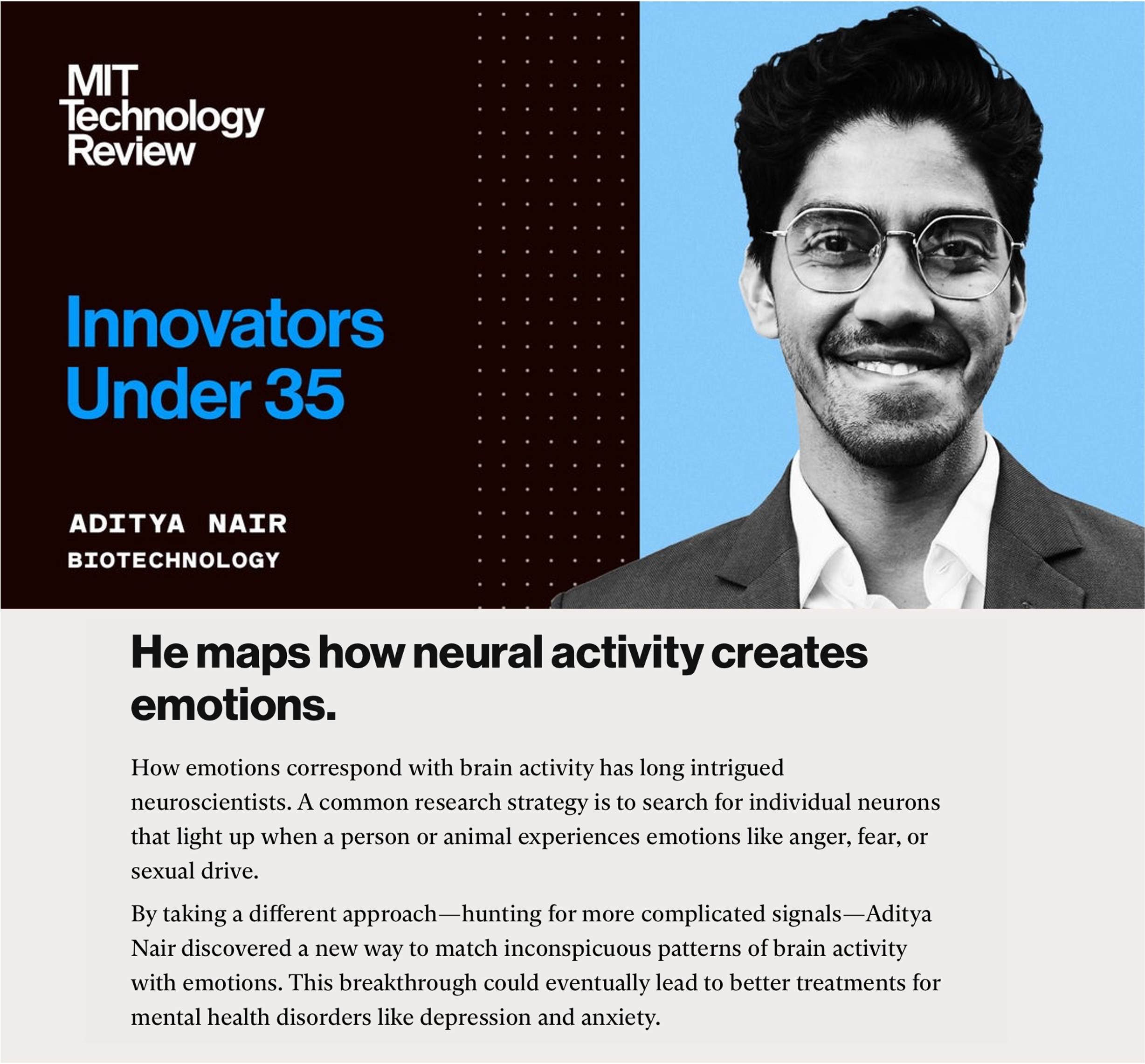 [September 9 2026] Dr. Nair has been recognized as one of MIT Tech Reviews Innovators under 35 for 2026 for his work on understanding emotion states.