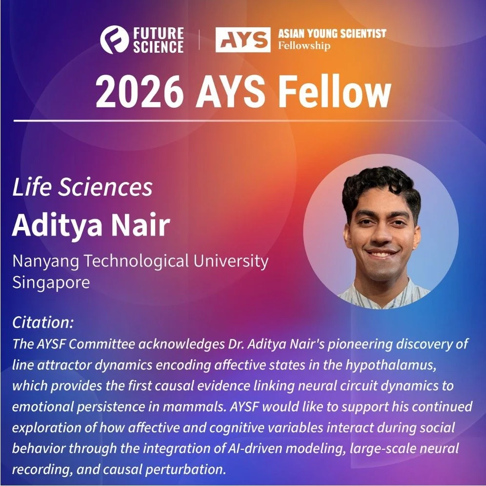 [September 3 2026] Dr. Nair has been awarded the 2026 Asian Young Scientist Fellowship! This gives the lab new resources to tackle ambitious questions about affect and emotion. 