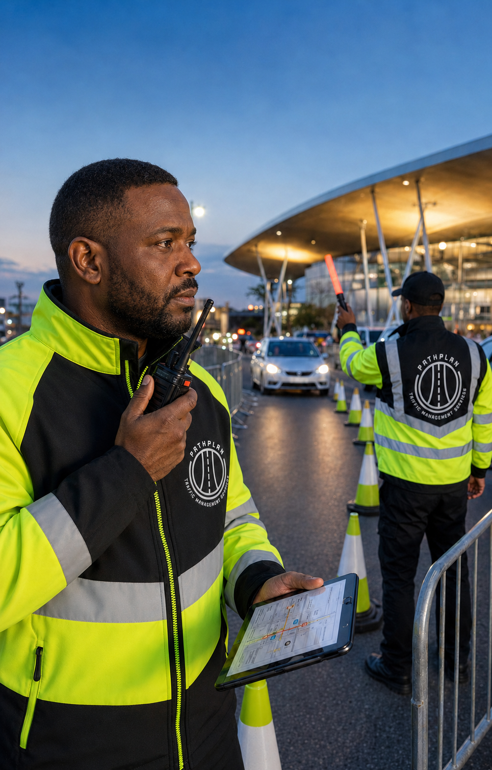 Pathplan traffic controllers wearing branded high-visibility jackets