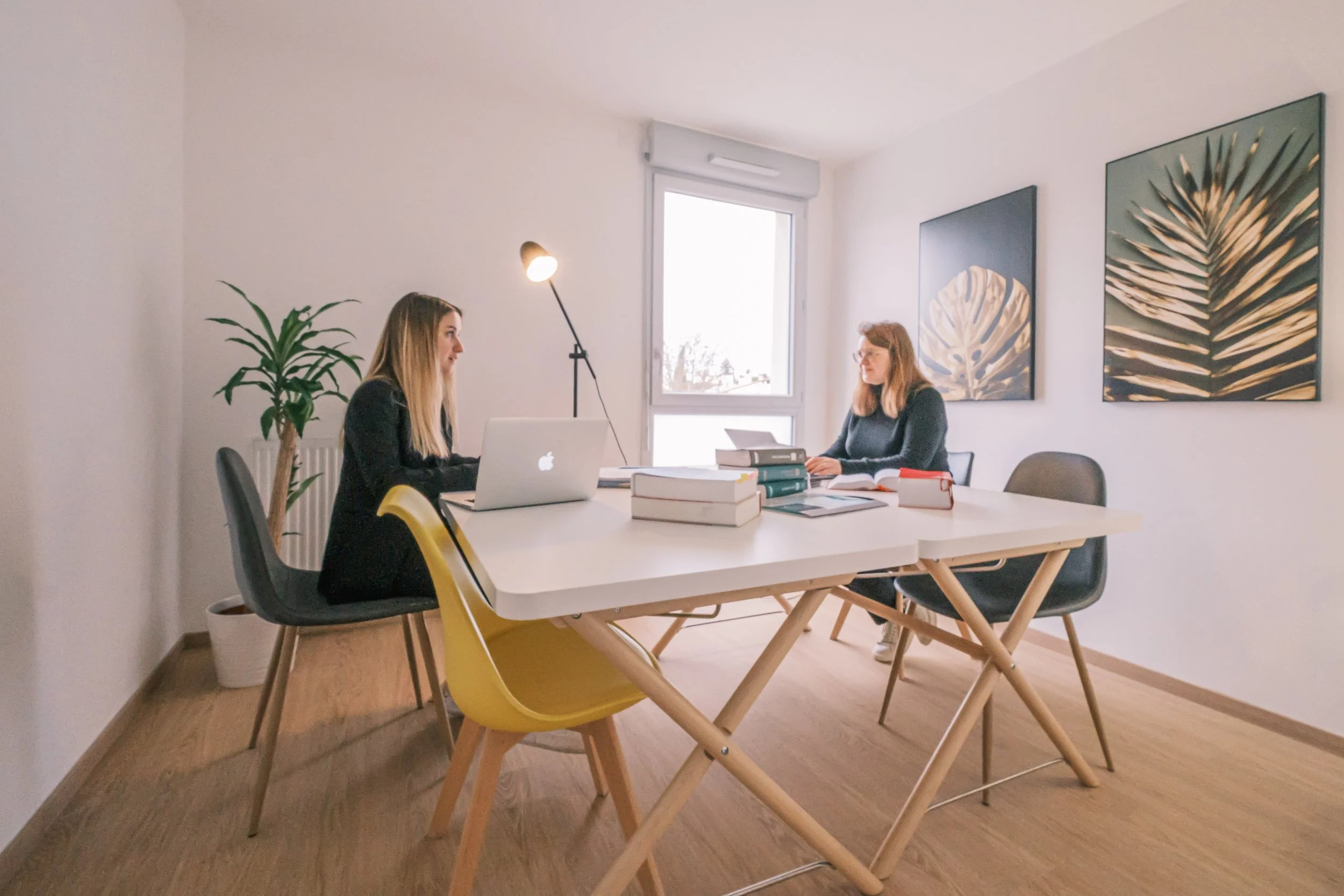 Deux femmes discutent dans une salle de réunion lumineuse avec une grande table, des livres empilés, un ordinateur portable, et des œuvres d'art de feuilles sur le mur.