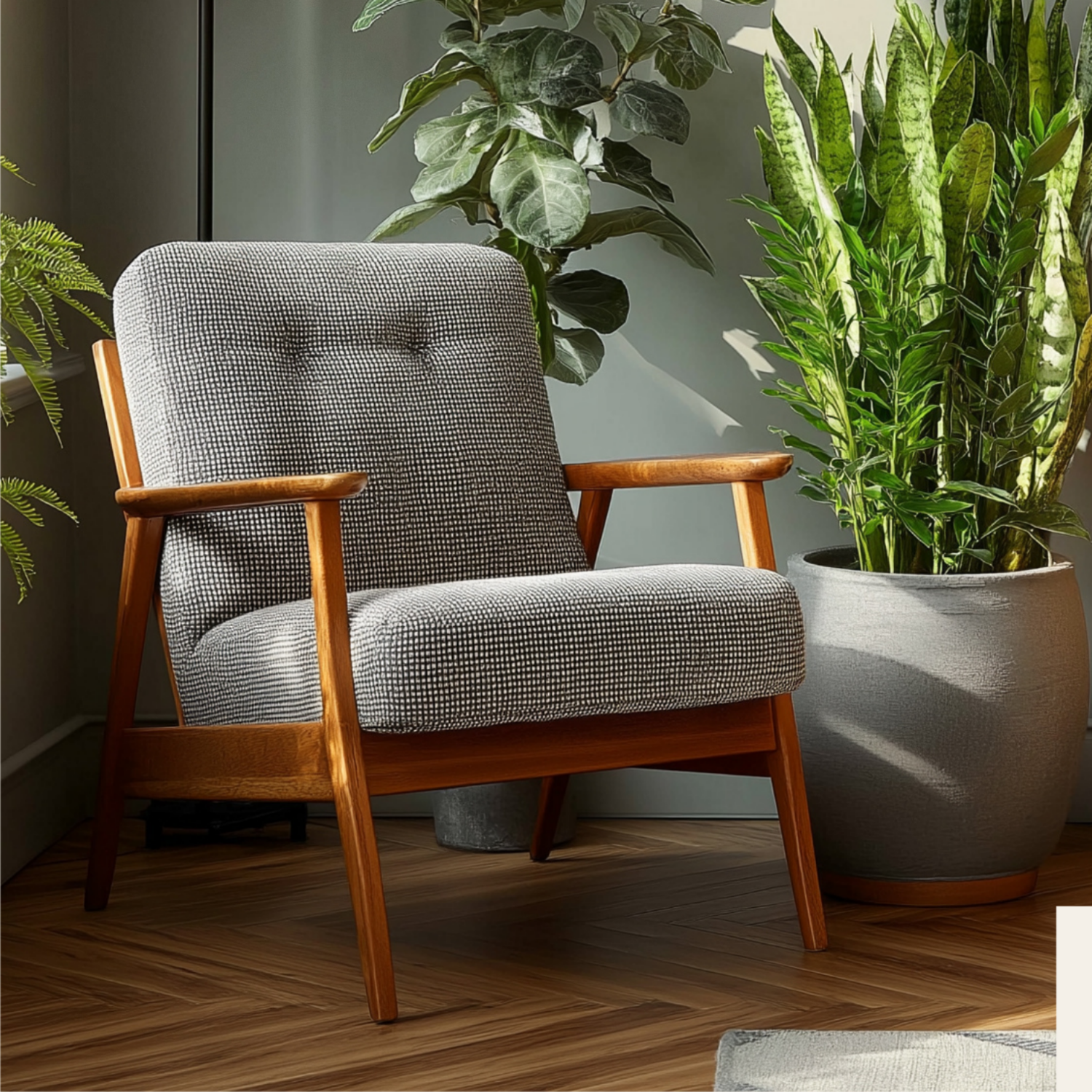 A cozy armchair with a wooden frame and black-and-white checkered upholstery, positioned near large potted green plants in a sunlit room with wooden flooring.