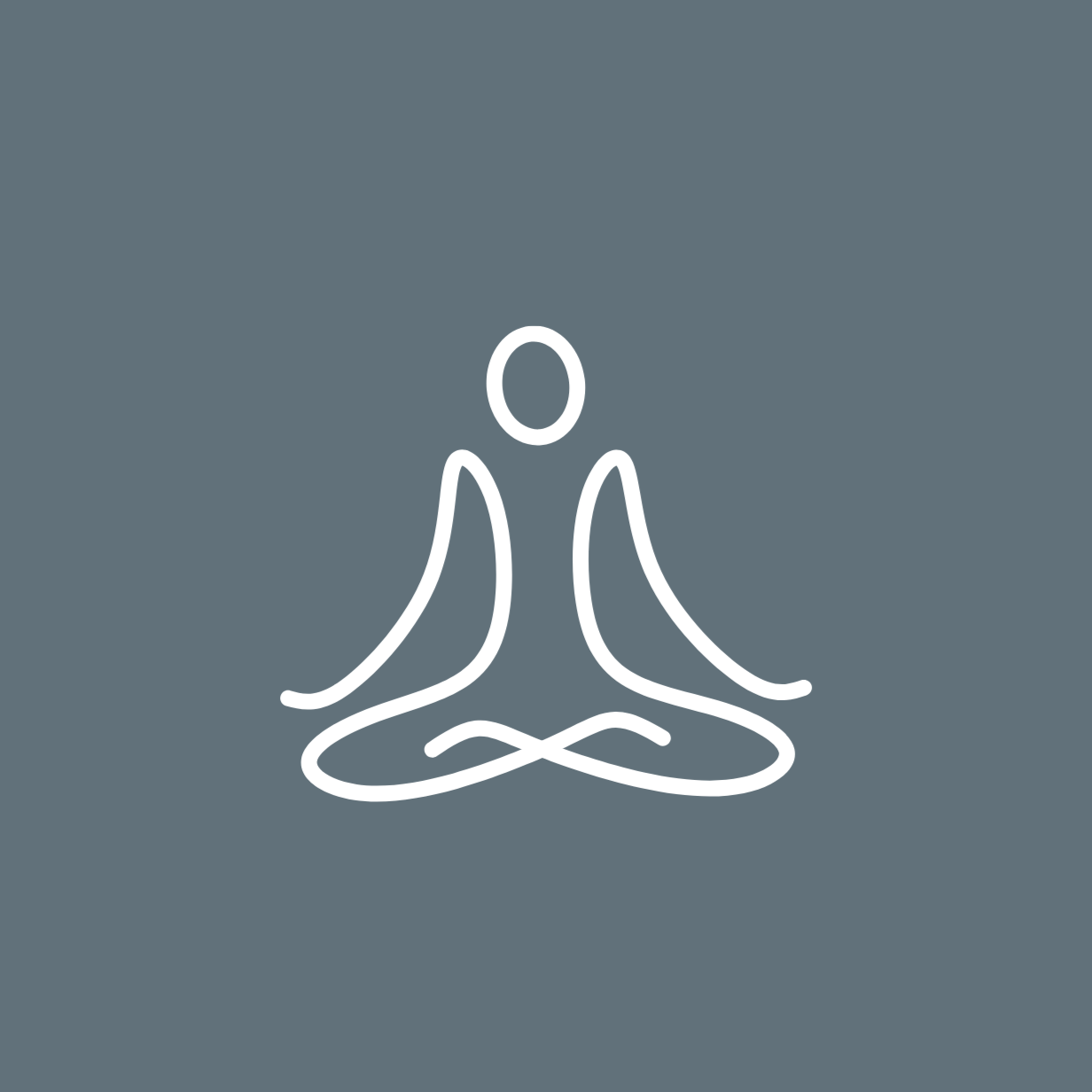 Minimalist line drawing of a person sitting in a lotus meditation pose with crossed legs and hands on knees, on a gray background.