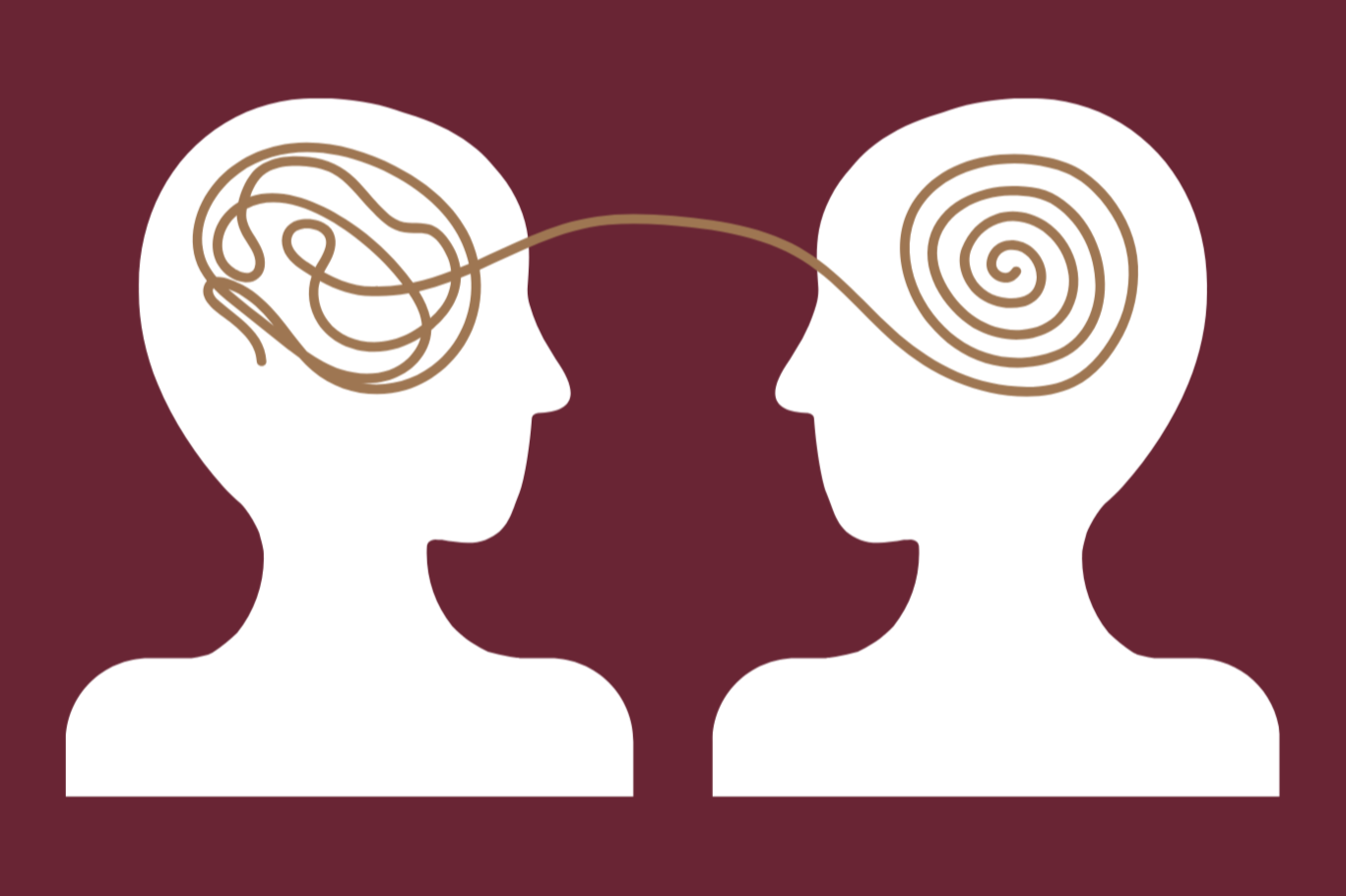 Silhouettes of two people facing each other with lines representing interconnected thoughts or communication between their heads.