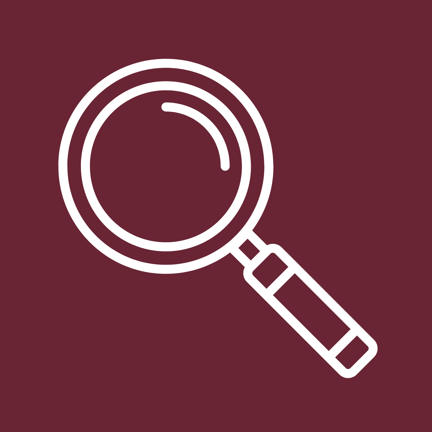 Magnifying glass icon on a maroon background.