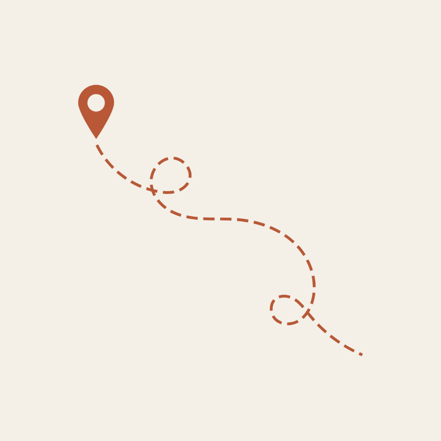 A map with a dashed brown line indicating a travel route, with two circular destination markers on a light beige background.