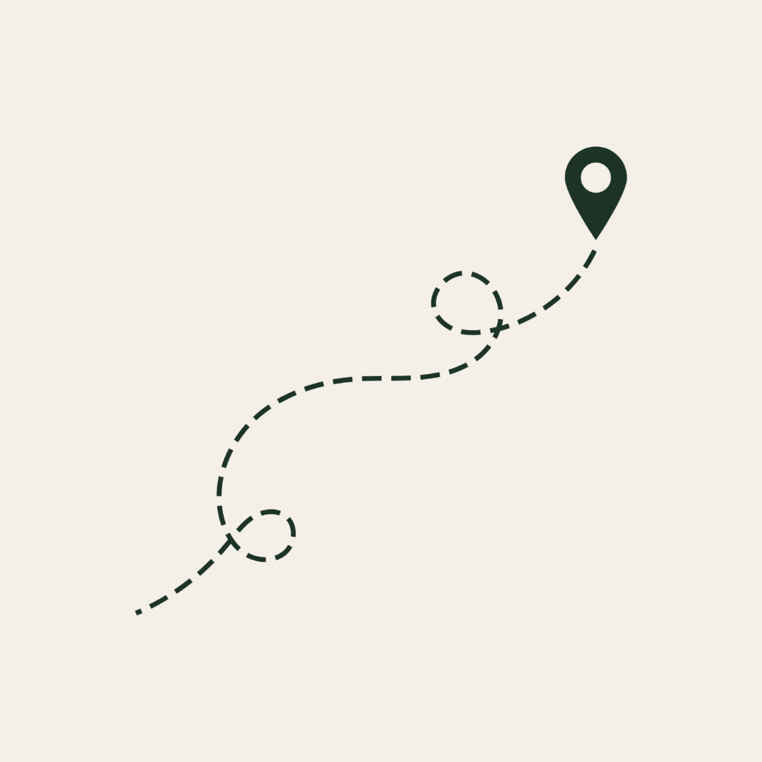 Map with a dashed line showing a route from the bottom left to the top right, with a pin marker at the destination.