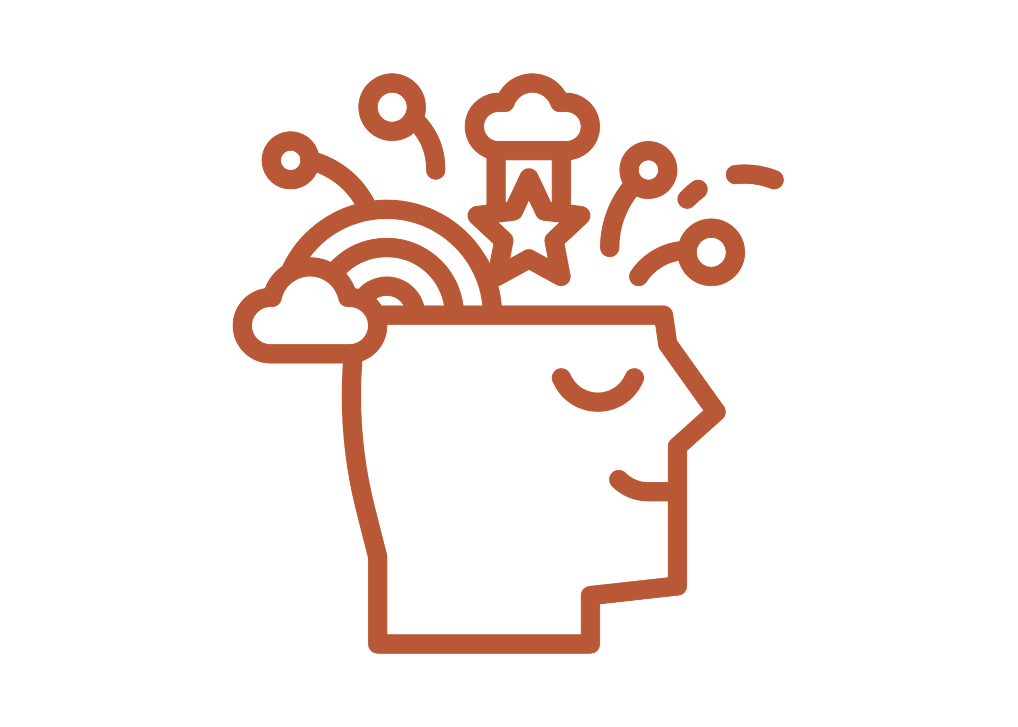 Outline drawing of a person with a brain containing symbols of a rainbow, cloud, star, light bulb, and question marks