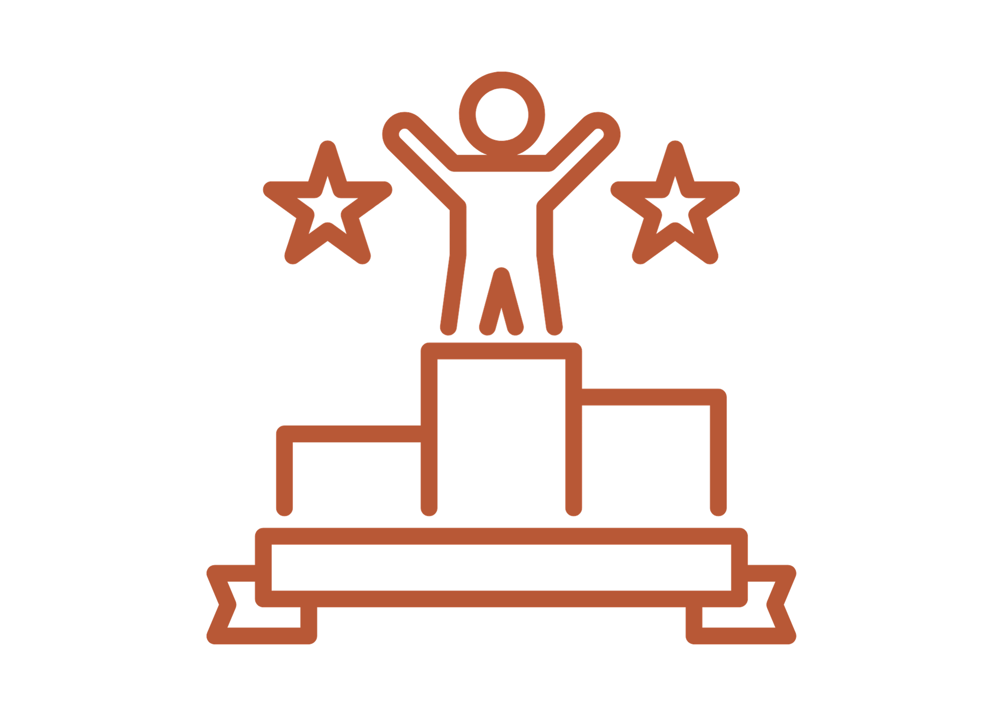 Outline drawing of a person with arms raised standing on a platform on a tiered podium, with two stars on either side.