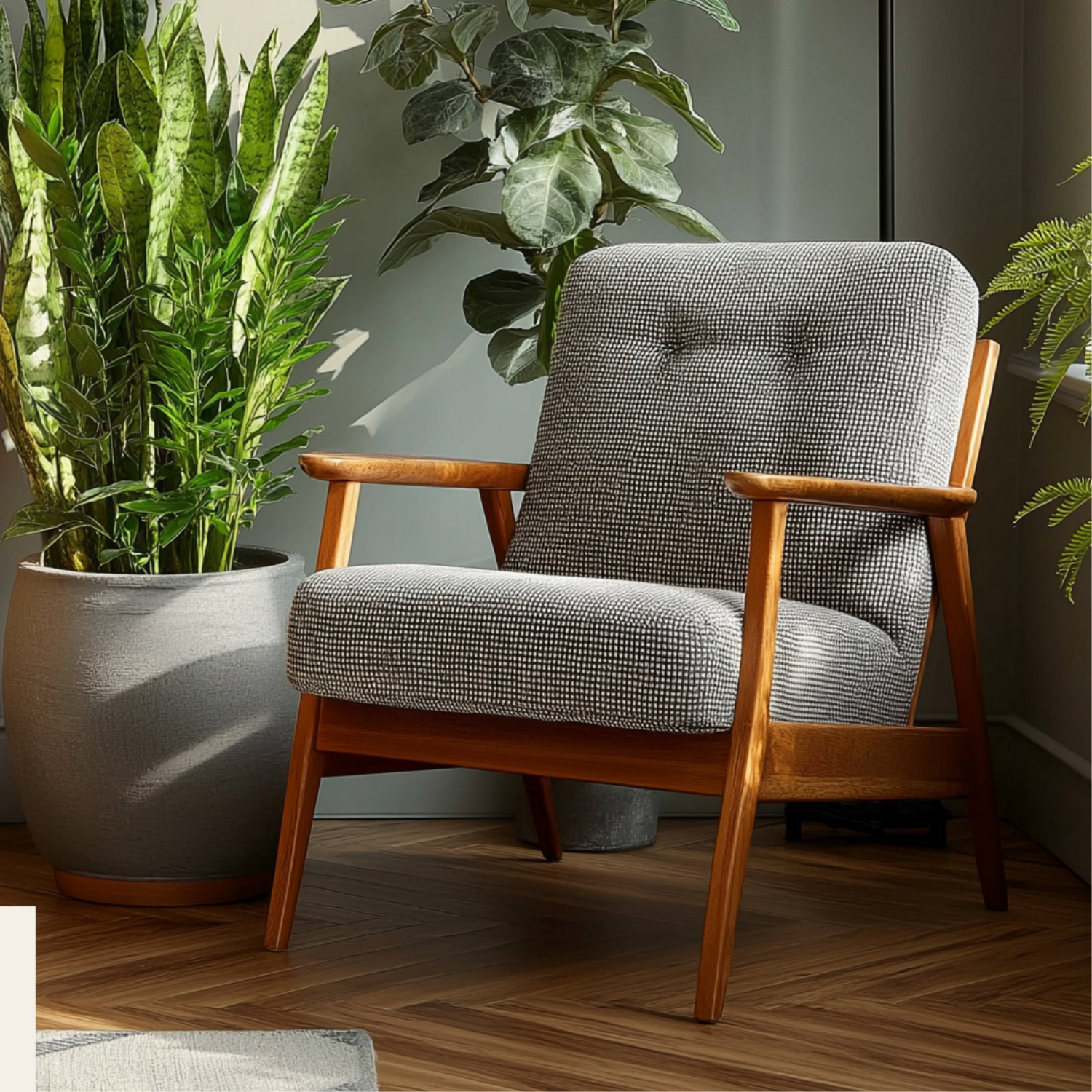 A mid-century modern armchair with wooden frame and black-and-white checkered upholstery, placed next to potted green houseplants on a wooden floor.