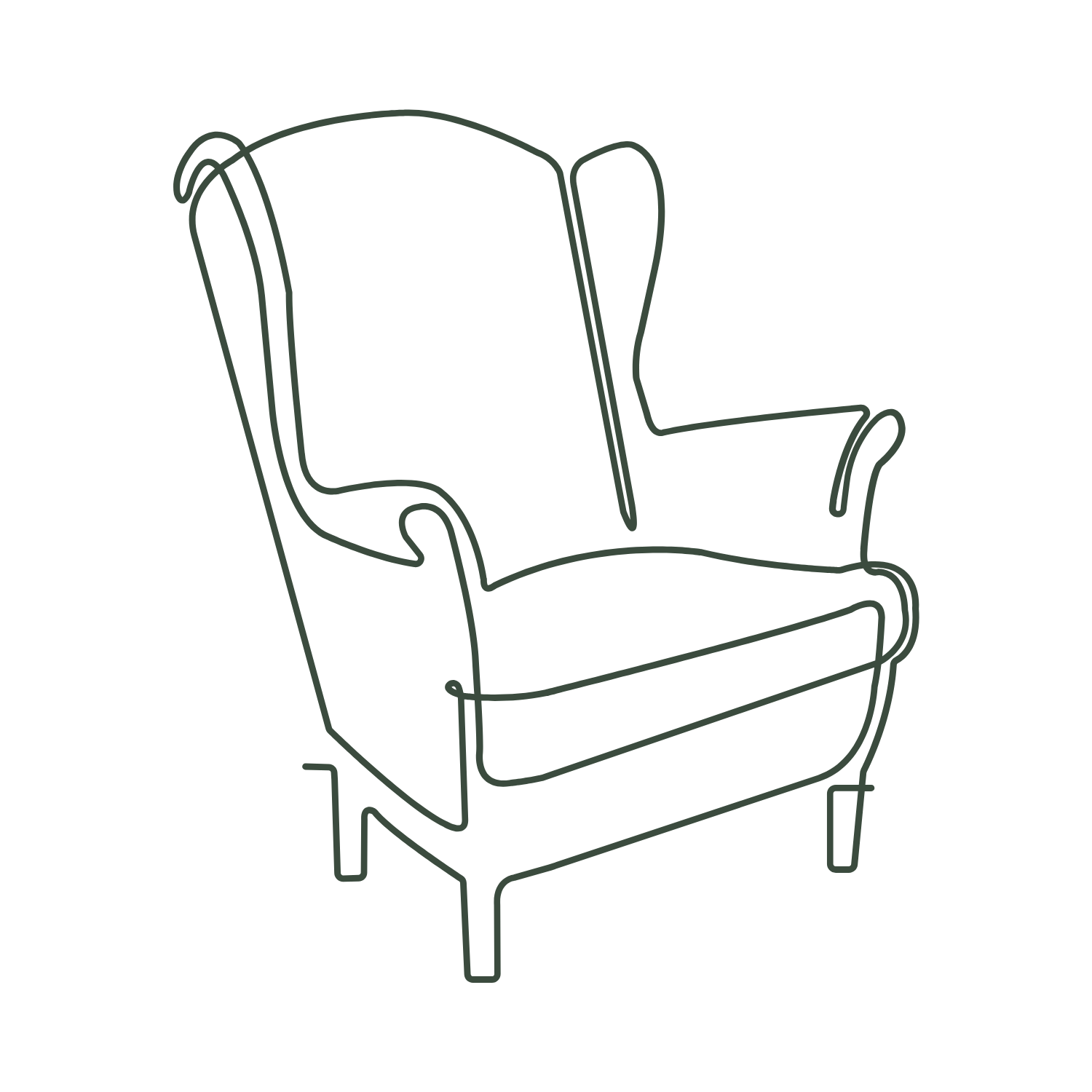 A minimalist line drawing of an armchair with high back and armrests.