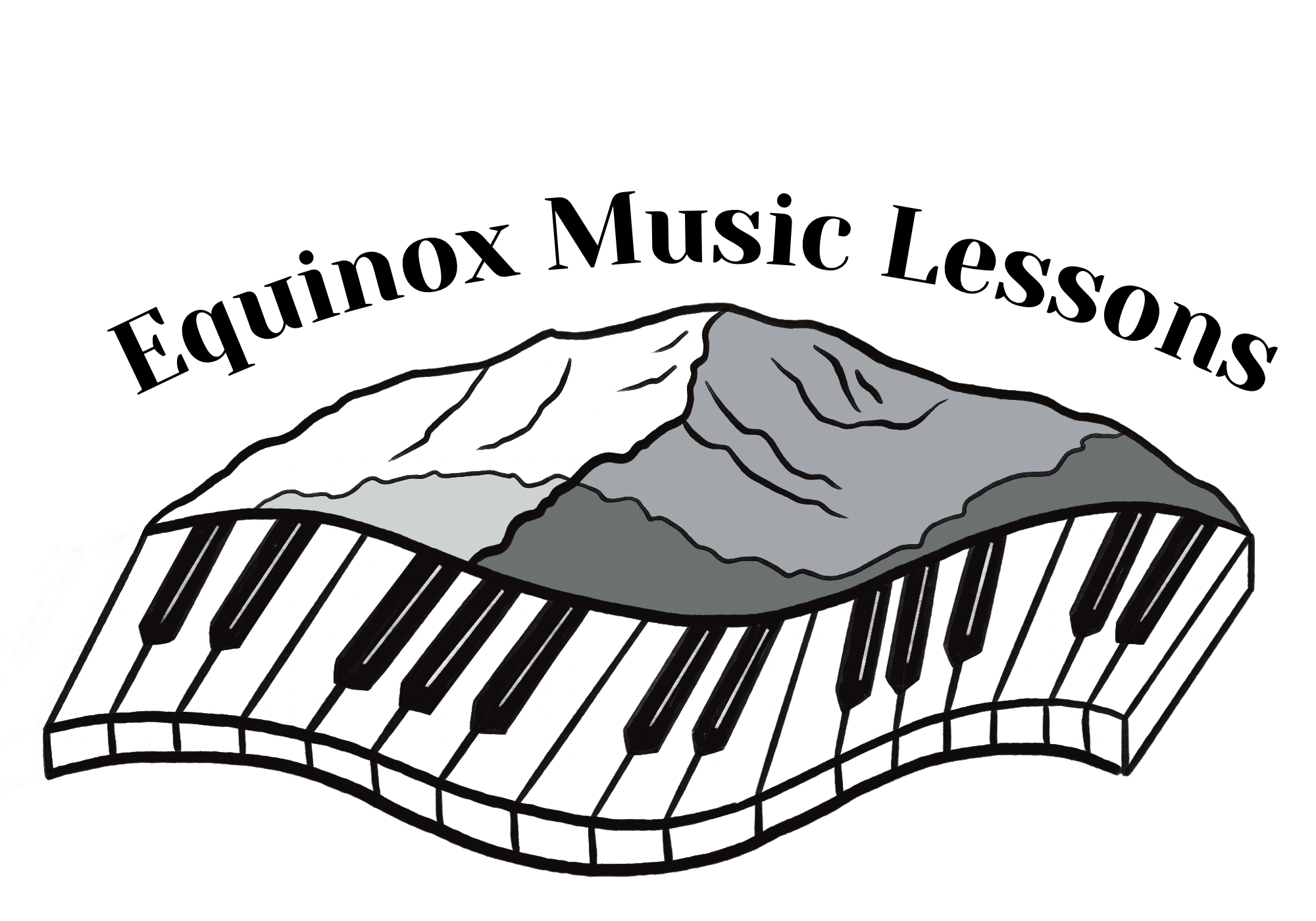 Illustration of a mountain range with a stylized piano keyboard curve in front, and the text 'Eiquinox Music Lessons' above it.