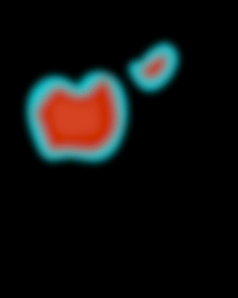 A digital illustration of two fluorescent, glowing hearts on a black background, with one larger heart on the left and a smaller heart on the right.