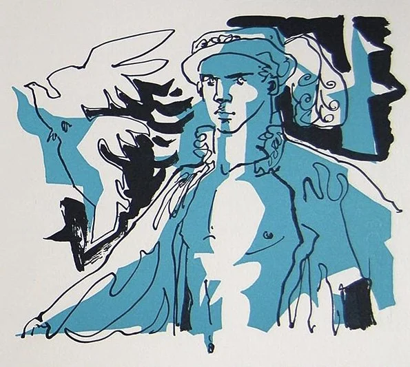 An abstract line drawing of a woman with long hair and a hat, with blue and black colors used for shading, set against a background with leaf-like shapes.