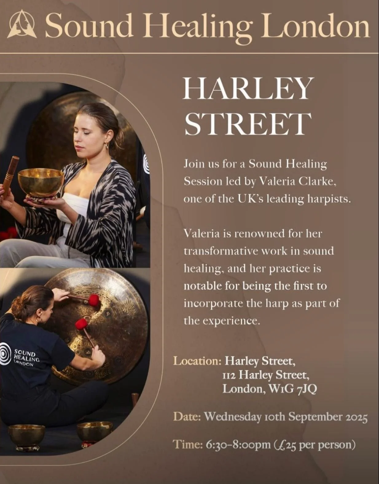 🌟 Return to Stillness: Sound Healing on Harley Street 🌟

You&rsquo;re warmly invited to experience deep calm and renewal at our next Sound Healing session at 112 Harley Street.

Join us on Wednesday, 10th September 2025, from 6:30 to 8:00 PM, for a