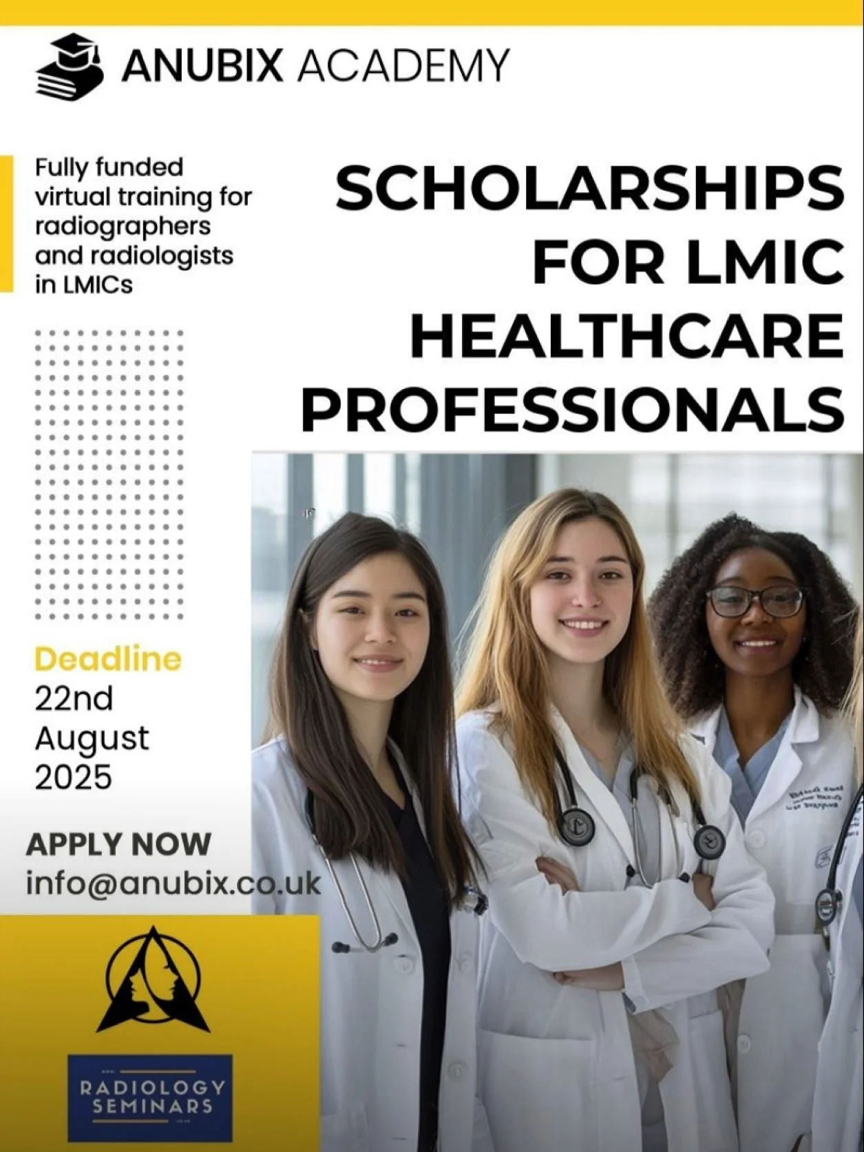 🎓 Anubix Academy Scholarships &ndash; Final Call for LMIC Candidates! 🌍

There are still a few places remaining for both #Radiographers and #Radiologists in our fully funded training programmes for healthcare professionals in Low- and Middle-Income