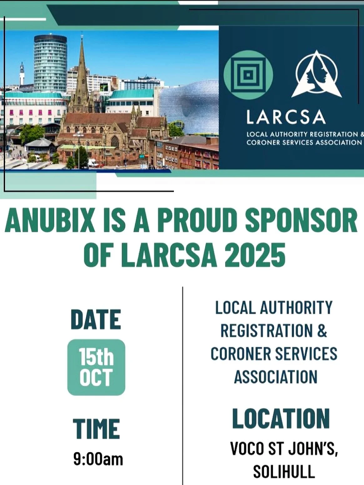 📢 Anubix is sponsoring LARCSA&rsquo;s Learning &amp; Development Day 2025

🗓 Wednesday, 15 October 2025
 📍 voco St. John&rsquo;s, Solihull - Malvern Suite
 651 Warwick Road, Solihull, B91 1AT 

At Anubix, our specialist #radiologists deliver compr