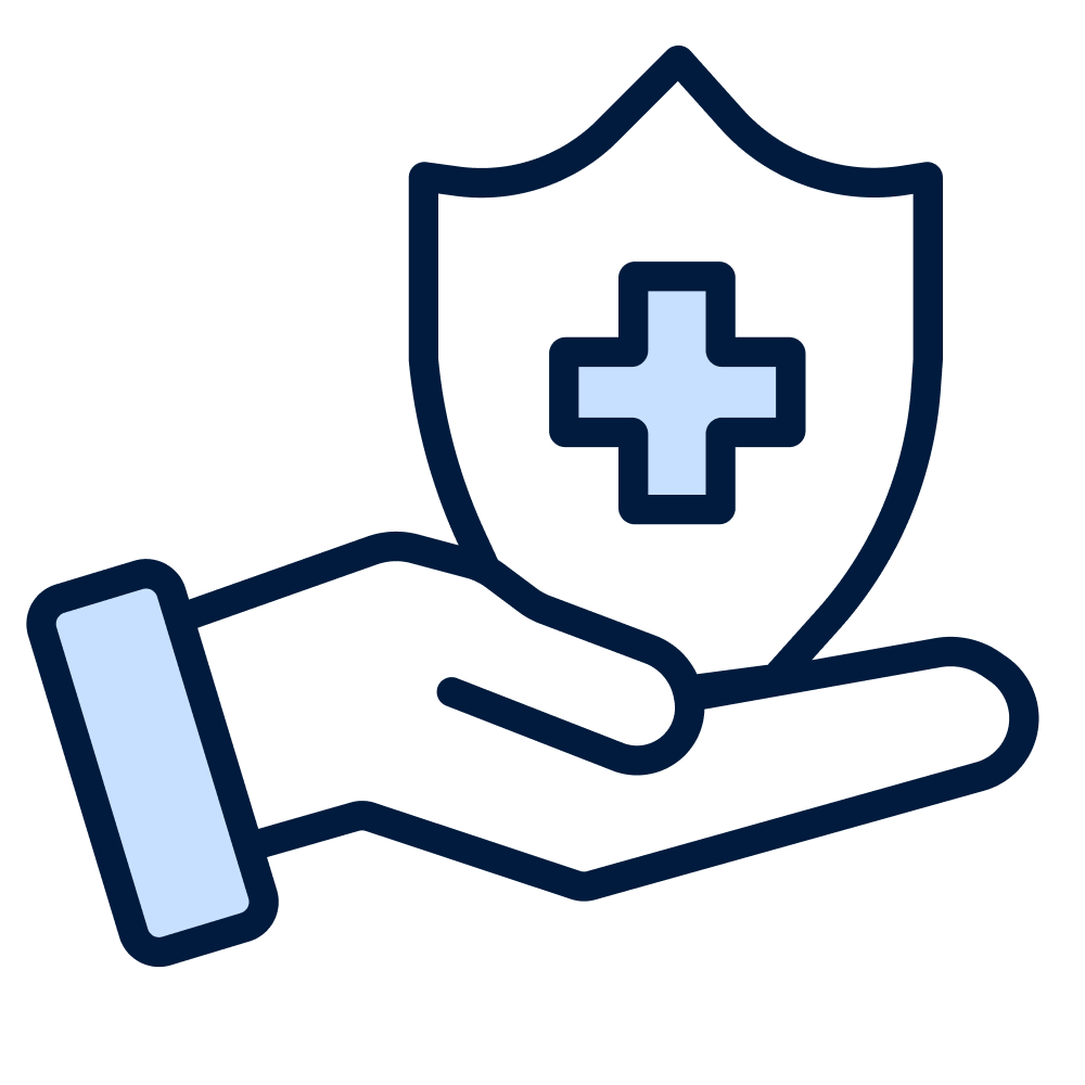 Outline of a hand holding a shield with a cross in the center, representing health and safety protection.